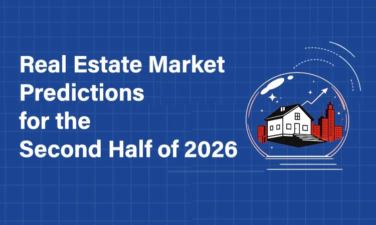 Illustrated snow globe with a house and city skyline representing real estate market predictions for the second half of 2026.