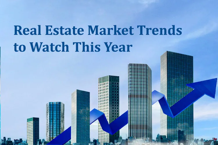 Upward arrow over modern skyscrapers symbolizing growth in the real estate market with text highlighting key trends for the year.