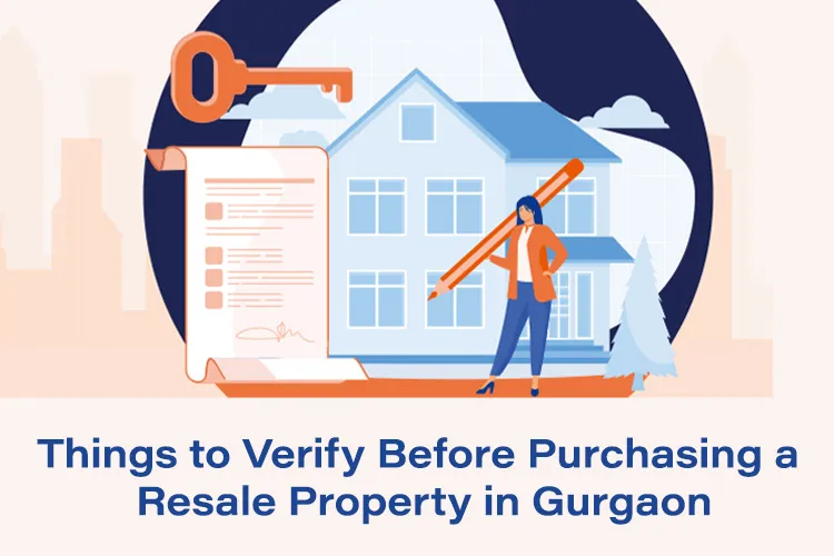 Illustration of a resale property checklist in Gurgaon with house, key, and verification scroll