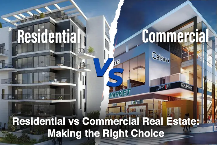 Split-screen image comparing residential apartments with balconies and greenery on the left, and a modern commercial building with signage for businesses on the right, highlighting the choice between residential and commercial real estate.