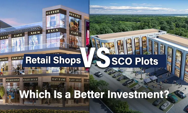Split-screen comparison graphic showing a modern illuminated retail shopping complex with branded storefronts on the left and an aerial view of a green SCO plot commercial building surrounded by trees on the right, divided by a bold 