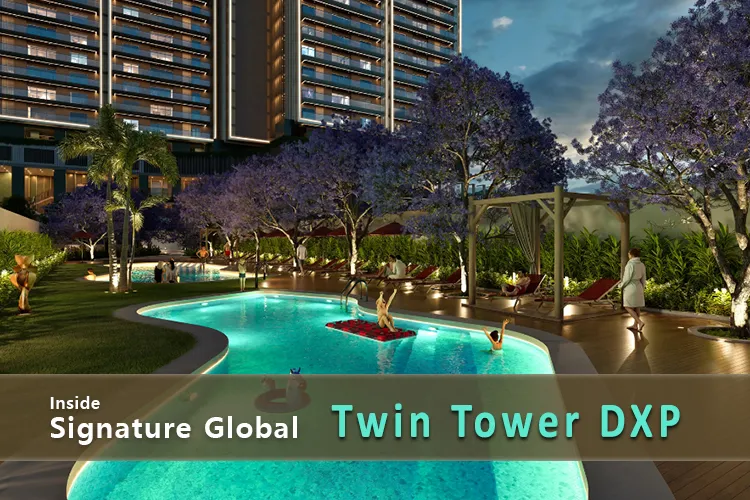 Luxury evening view of Signature Global Twin Tower DXP with illuminated swimming pool, lounge deck, and modern high-rise backdrop.