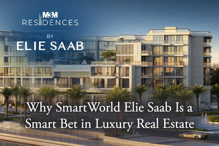 Modern luxury residential tower of SmartWorld Elie Saab with sleek glass architecture, palm trees, and upscale urban surroundings.