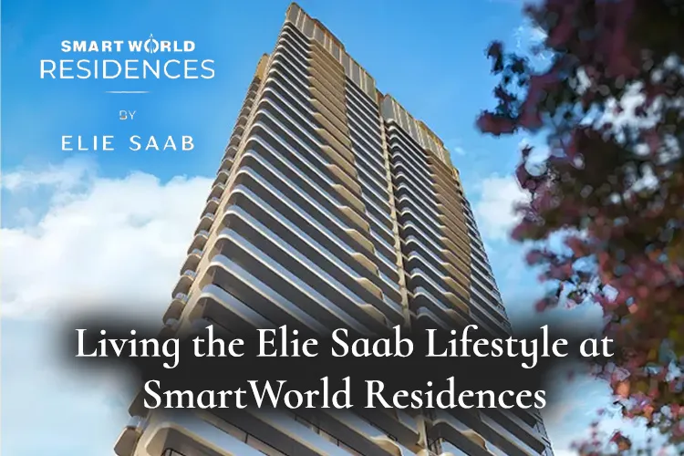 Tall modern residential tower of SmartWorld Residences by Elie Saab with elegant balconies and blue sky.