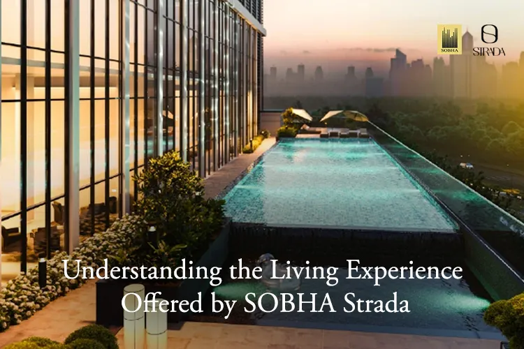 Infinity pool and high-rise at SOBHA Strada during sunset with city skyline and lush landscaping.
