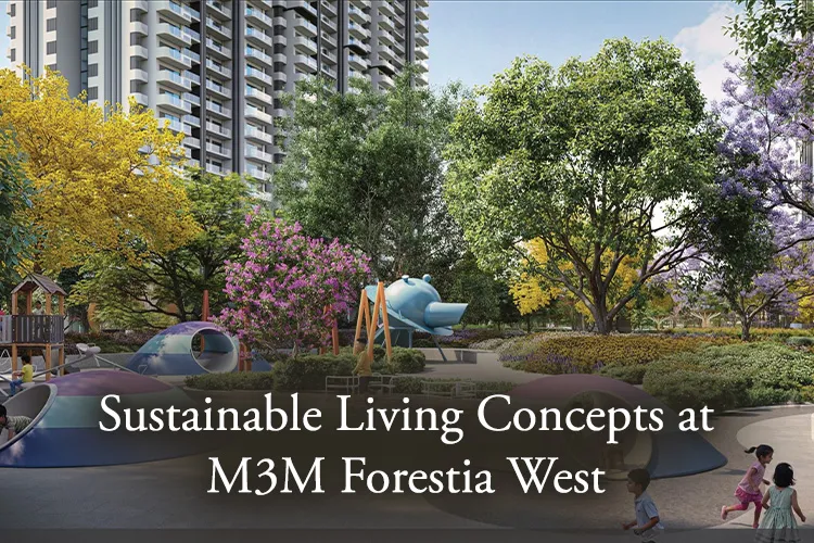 Children playing in a vibrant playground surrounded by greenery at M3M Forestia West residential complex.