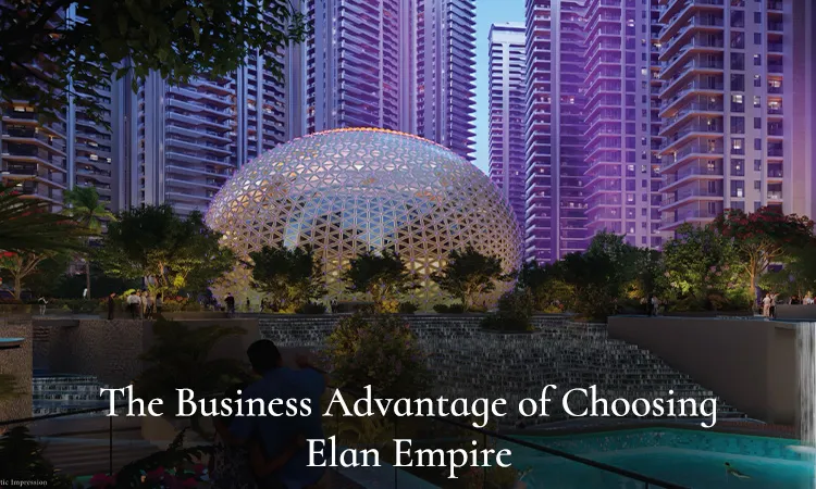 Illuminated geodesic dome clubhouse at Elan Empire surrounded by high-rise towers lit in purple at dusk, with text 