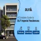 Modern exterior rendering of DLF Imperial Residences low-rise apartment building in DLF Phase 3, Gurugram, featuring the guide title on features, amenities, and location.