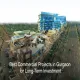 Aerial rendering of a Gurgaon commercial complex with a blue-glass high-rise tower, low-rise retail units, tensile canopy structures, and wide landscaped roads, with text overlay "Best Commercial Projects in Gurgaon for Long-Term Investment".
