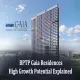 BPTP Gaia Residences high-rise towers in Sector 102, Gurugram featuring modern architecture with staggered balconies, BPTP and Gaia Residences logo on the top left, text reading High Growth Potential Explained at the bottom, and a panoramic city skyline in the background.