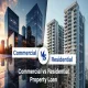 Split-screen graphic comparing commercial and residential property loans, with dark glass office skyscrapers reflected on wet pavement at sunset on the left and white high-rise residential towers with balconies against a blue sky on the right, divided by a circular "VS" badge, with "Commercial" and "Residential" labeled in navy blue on a white banner and the title "Commercial vs Residential Property Loan" in bold white text below.