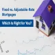 Model house with purple roof on financial chart illustrating fixed vs adjustable-rate mortgage options.