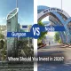 Gurgaon vs Noida real estate investment comparison 2026 – DLF cyber city skyline vs Noida welcome arch.