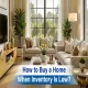 A bright and elegant living room with beige sofas, indoor plants, and large windows with the text "How to Buy a Home When Inventory Is Low" overlaid in bold blue and white letters.