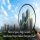 A magnifying glass highlighting high-rise residential buildings with a rising green growth arrow, symbolizing how to spot a high-growth real estate project before everyone else.