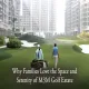 Two people enjoying golf at M3M Golf Estate, surrounded by lush green lawns and modern high-rise residences, highlighting family-friendly luxury living.