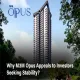 Modern high-rise M3M Opus residential tower in Gurugram, surrounded by greenery, highlighting investor stability.