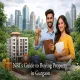 NRI couple holding house keys and property documents with Gurgaon skyline in the background.