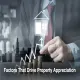 Business professional pointing at stacked coins with upward chart and house icon, symbolizing factors that drive property appreciation in urban real estate.