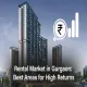 Gurgaon rental market - luxury high-rise residential towers with rental yield and growth icons.