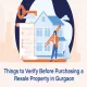 Illustration of a resale property checklist in Gurgaon with house, key, and verification scroll