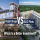 Split-screen comparison graphic showing a modern illuminated retail shopping complex with branded storefronts on the left and an aerial view of a green SCO plot commercial building surrounded by trees on the right, divided by a bold "VS" with navy banners reading "Retail Shops" and "SCO Plots".