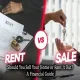 Comparison of renting versus selling a home, showing a rental contract with keys and a car on one side, and a hand handing over house keys on the other side, with text asking whether to sell or rent your home.