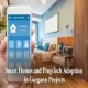 A hand holding a smartphone displaying a Smart Home Controller app with icons for lighting, security, camera, and appliance controls, with a modern furnished bedroom in the background..