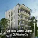 Modern residential apartment building at DLF Garden City surrounded by lush green trees and landscaping.