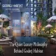 Blog featured image titled The Quiet Luxury Philosophy Behind Godrej Habitat showing a luxury poolside evening render of Godrej Habitat Sector 3 Gurugram with resort-style loungers, white umbrellas, lush landscaping, a glass pavilion, and illuminated residential towers in the background.