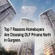 DLF Privana North luxury high-rise towers in Sector 76 Gurgaon with clear sky and lush landscape. Text overlay: Top 7 Reasons Homebuyers Are Choosing DLF Privana North in Gurgaon.