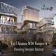 Rendered exterior view of M3M Paragon 57 commercial project in Gurugram, showcasing multi-level retail spaces with glass storefronts, decorative wooden lattice facade elements, open-air balconies, and street-level shops, with overlaid text "Top 5 Reasons M3M Paragon Is Drawing Investor Interest"