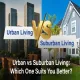 Side-by-side comparison of urban living with city skyscrapers and suburban living with a peaceful residential house.