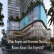 Elan Imperial mixed-use commercial tower with curved glass facade, multi-level retail floors, and rooftop greenery at dusk in Gurugram. The text in this image is "What Buyers and Investors Should Know About Elan Imperial"