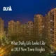 Night aerial view of DLF New Town Heights residential towers in Gurgaon with DLF logo in the top left, overlaid with the text "What Daily Life Looks Like at DLF New Town Heights".