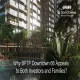 A luxury view of BPTP Downtown 66 Gurugram featuring twin high-rise towers, tropical landscaping, a swimming pool, and a unique arch-shaped pergola structure. The text over image is "Why BPTP Downtown 66 Appeals to Both Investors and Families".