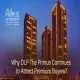 A twilight view of three illuminated DLF The Primus luxury high-rise towers in Sector 82A, Gurgaon, with the blog title "Why DLF The Primus Continues to Attract Premium Buyers" displayed in white text at the bottom, and The Primus DLF Garden City logo in the top left corner.