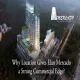 Aerial view of Elan Mercado mixed-use commercial development featuring a glass high-rise tower, retail complex, rooftop pool, and the Mercado Building Lifestyles logo with the text "Why Location Gives Elan Mercado a Strong Commercial Edge".