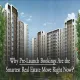 Modern high-rise residential apartment buildings surrounded by greenery with the text "Why Pre-Launch Bookings Are the Smartest Real Estate Move Right Now" overlaid on the image.