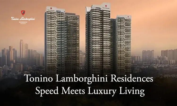 Tonino Lamborghini Residences high-rise towers in Sector 71 Gurgaon at dusk with geometric facade design and city skyline backdrop.