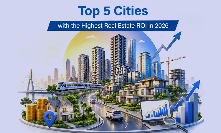 Illustrated cityscape showing residential and commercial buildings with growth charts and gold coins representing the top 5 cities with the highest real estate ROI in 2026.