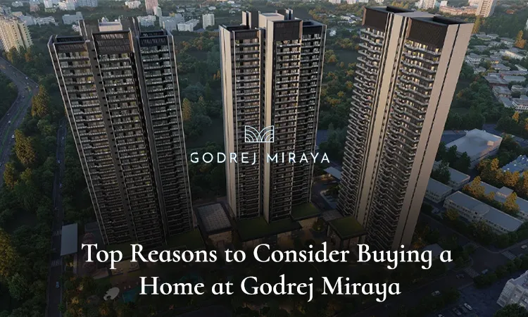 Aerial view of Godrej Miraya's tall bronze-toned residential towers surrounded by lush greenery in Sector 43, Gurgaon, with the project logo and blog title overlay 