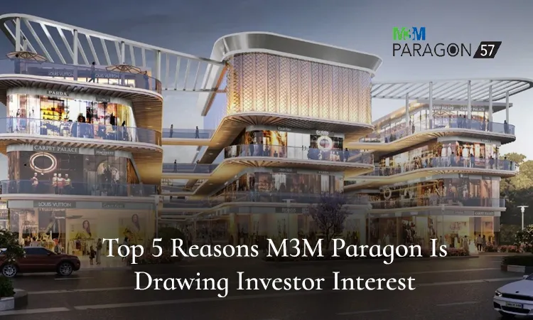 Rendered exterior view of M3M Paragon 57 commercial project in Gurugram, showcasing multi-level retail spaces with glass storefronts, decorative wooden lattice facade elements, open-air balconies, and street-level shops, with overlaid text 