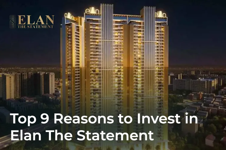 Night view of Elan The Statement high-rise with illuminated facade and investment highlights