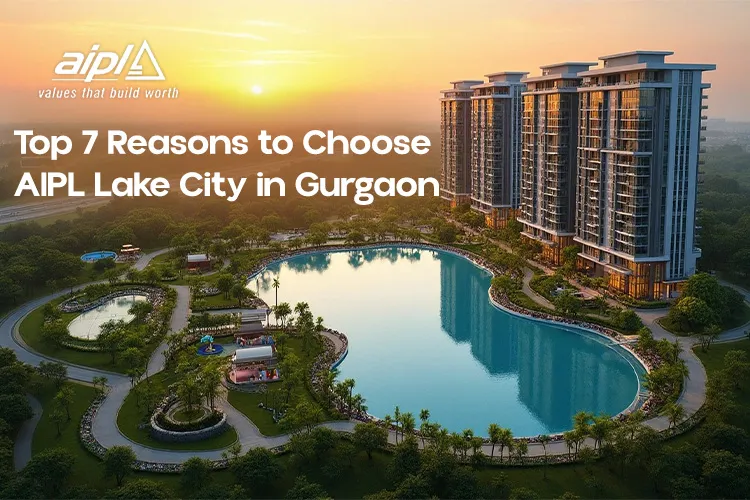 Luxury lakefront residential towers at sunset in AIPL Lake City, Gurgaon — surrounded by landscaped gardens and serene water views