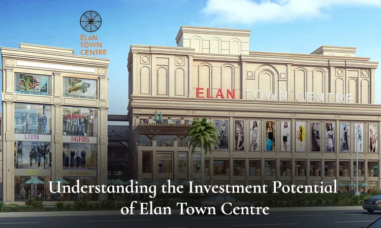 Architectural rendering of Elan Town Centre's neo-classical facade with retail storefronts, lifestyle brand displays, and the Elan Town Centre logo, overlaid with the blog title 