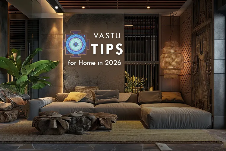 Modern living room interior with contemporary furniture and plants, representing Vastu tips for home design and positive energy in 2026.
