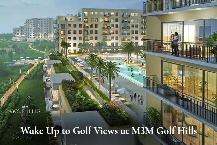 M3M Golf Hills luxury residential complex with golf course views, landscaped gardens, swimming pool, and modern apartments in Gurugram.
