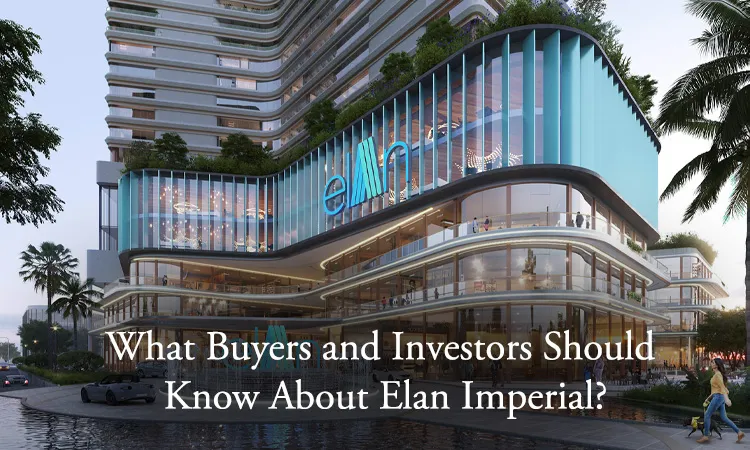 Elan Imperial mixed-use commercial tower with curved glass facade, multi-level retail floors, and rooftop greenery at dusk in Gurugram. The text in this image is 