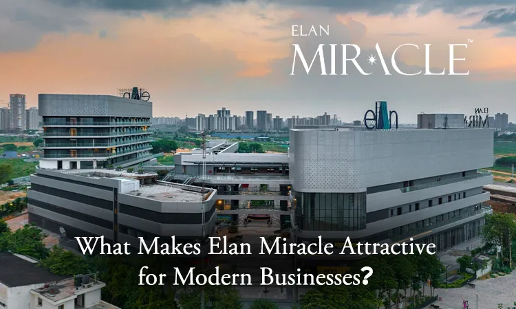 Aerial view of Elan Miracle commercial complex in Gurugram with the text 